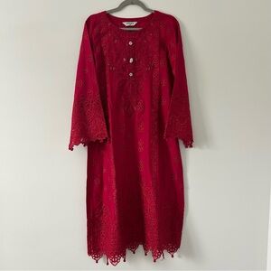 Maria B. Dark Red Eyelet Sequin Embroidered Wide Sleeve Kameez Tunic Top XS